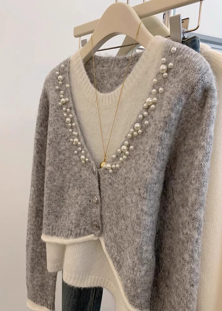 Pull en tricot gris perle élégant en deux pièces pour l'hiver WK026