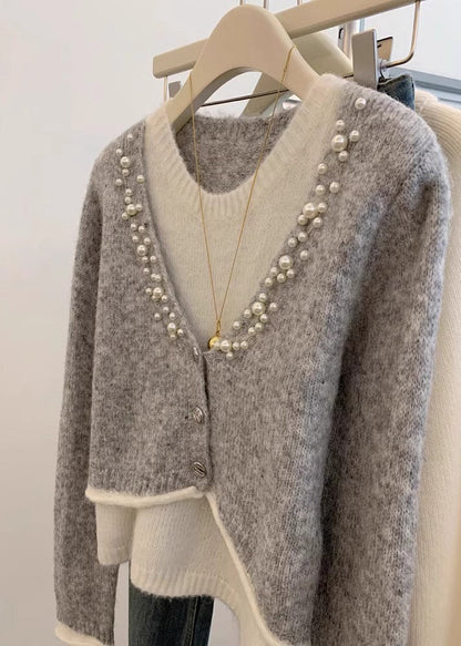 Pull en tricot gris perle élégant en deux pièces pour l'hiver WK026