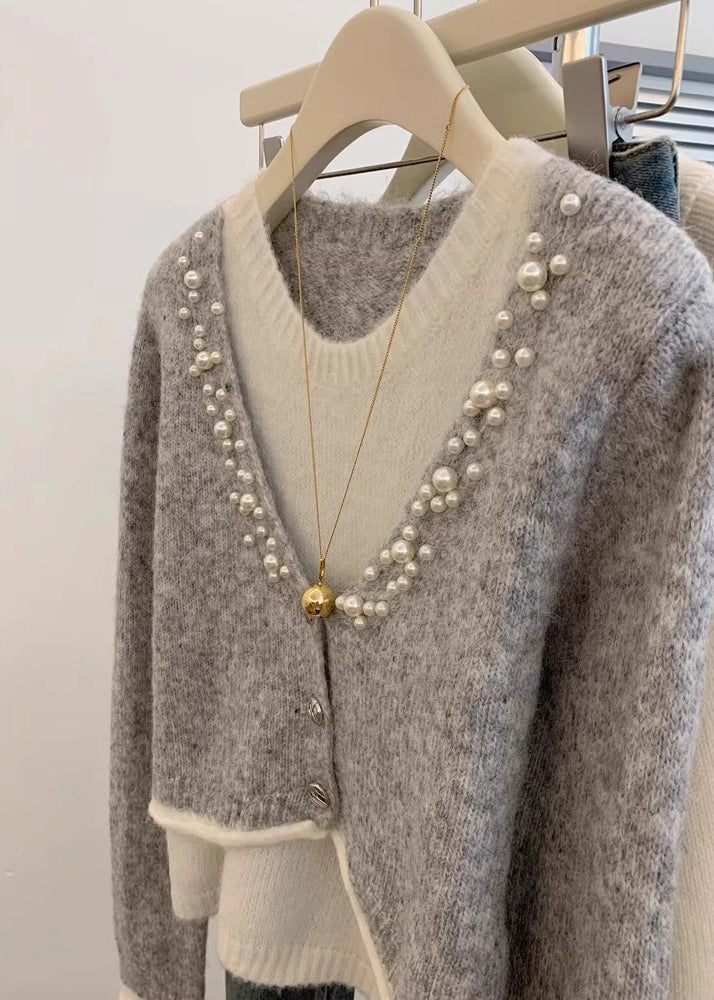 Pull en tricot gris perle élégant en deux pièces pour l'hiver WK026