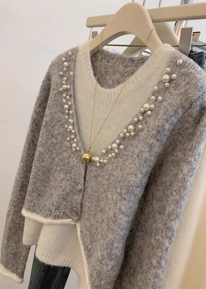 Pull en tricot gris perle élégant en deux pièces pour l'hiver WK026