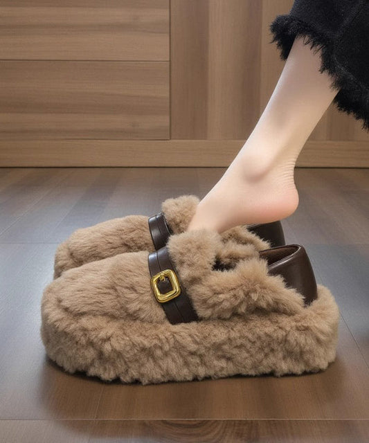 Stylish Khaki Fuzzy Fur Fluffy Splicing Comfy Flat Feet Shoes YR038