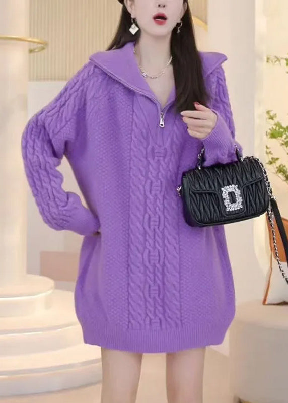 Stylish Pink Zip Up Patchwork Cable Knit Knitwear Dress Winter RF005