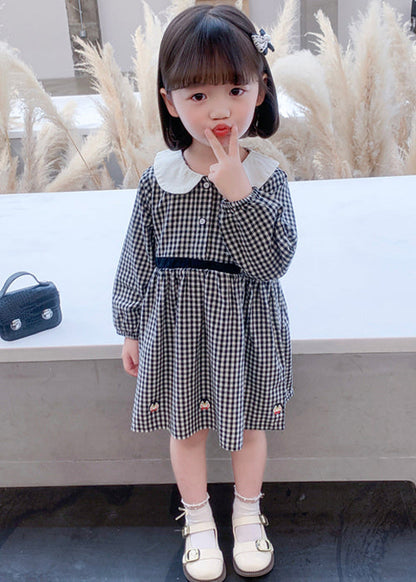 Stylish Plaid Button High Waist Cotton Girls Dress Long Sleeve XZ077