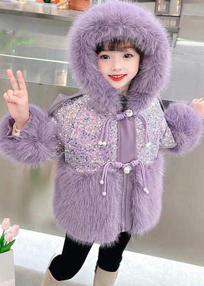 Parka à capuche élégante en patchwork de paillettes violettes pour filles, hiver WL028