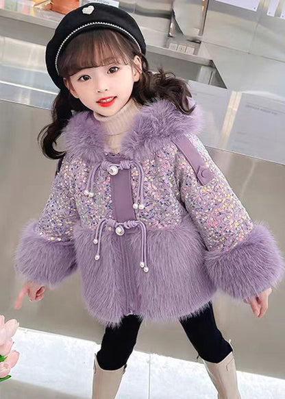 Parka à capuche élégante en patchwork de paillettes violettes pour filles, hiver WL028