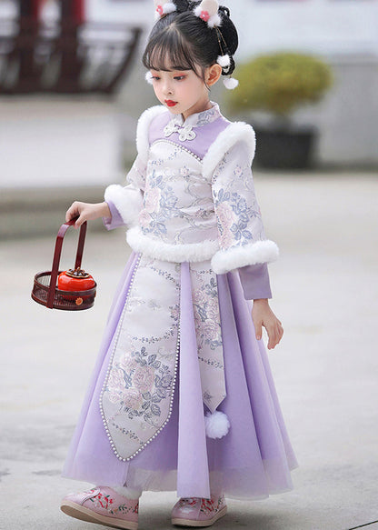 Stylish Purple Stand Collar Embroideried Nail Bead Girls Maxi Dresses Winter TR011