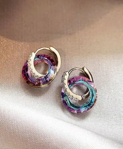 Boucles d'oreilles créoles élégantes en alliage de cuivre et cristal de zircon arc-en-ciel QU027