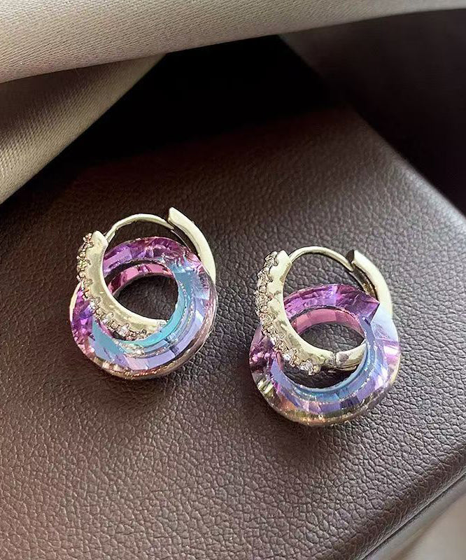 Boucles d'oreilles créoles élégantes en alliage de cuivre et cristal de zircon arc-en-ciel QU027