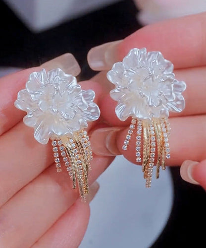 Stylish White Alloy Zircon Floral Tassel Stud Earrings EY016