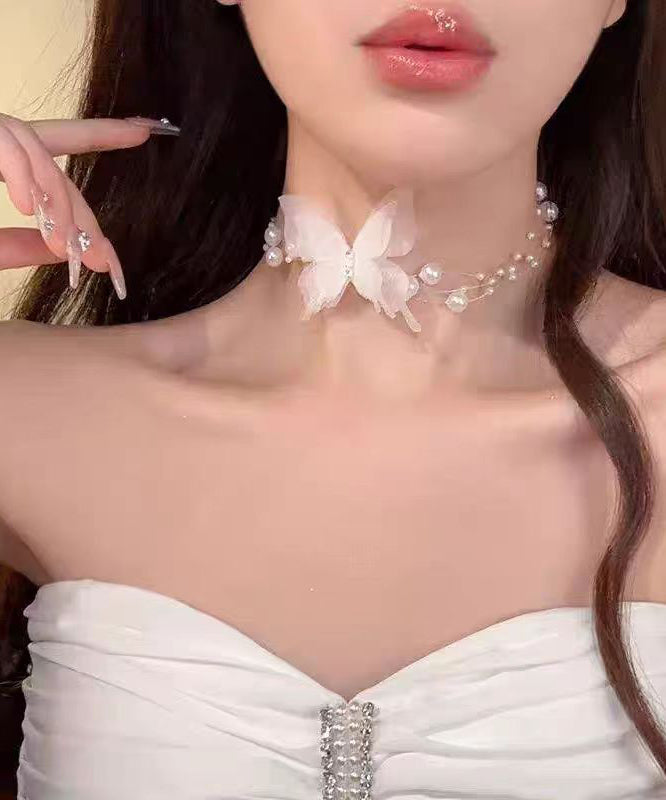 Stylish White Alloy Zircon Pearl Butterfly Necklace YU009