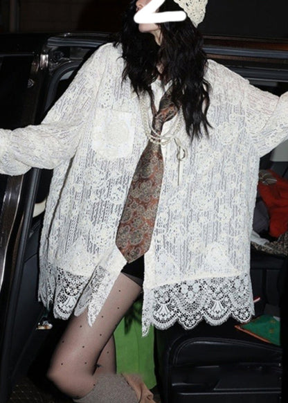 Stylish White Oversized Patchwork Lace Top Spring YO003