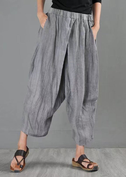 Sommer Neue Grau Elastische Taille Lose Leinen Harlen Hosen AP069