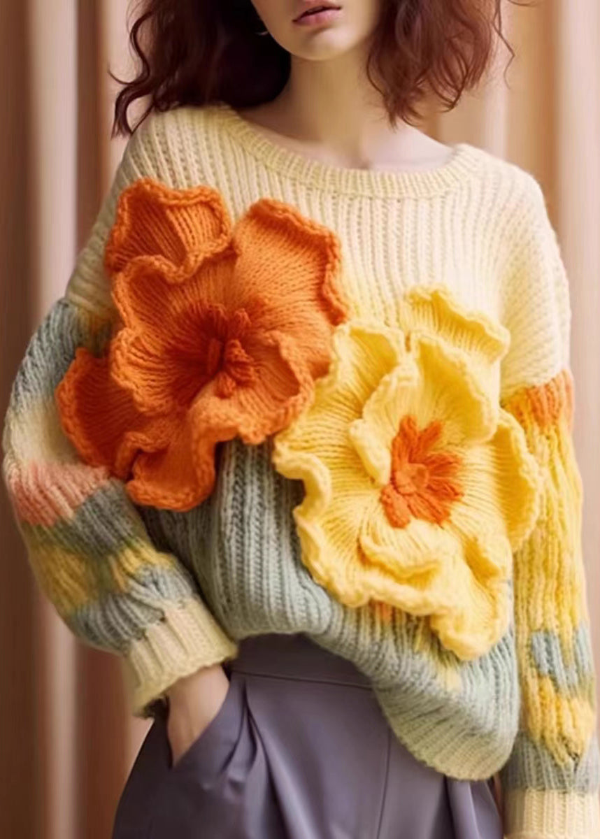 Einzigartiger, kuscheliger, langärmeliger Baumwoll-Strickpullover mit Blumenmuster in Aprikosengrün QS029