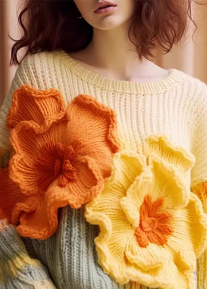 Einzigartiger, kuscheliger, langärmeliger Baumwoll-Strickpullover mit Blumenmuster in Aprikosengrün QS029