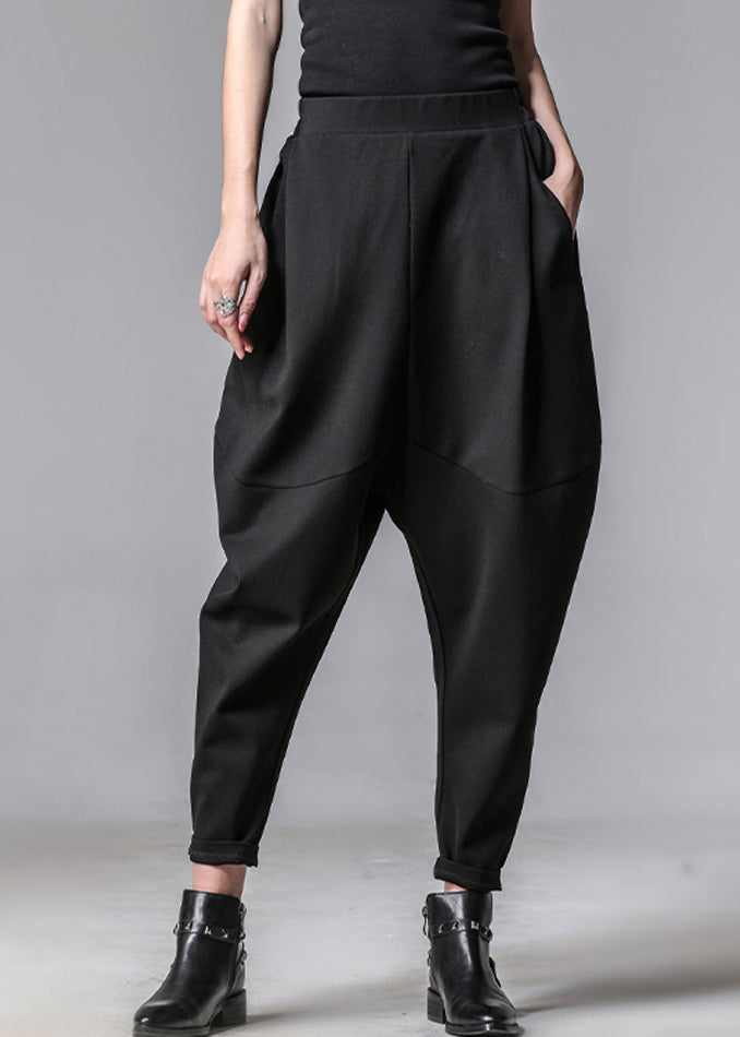 Unique Black Pockets Elastic Waist Cotton Harem Pants Spring TH031