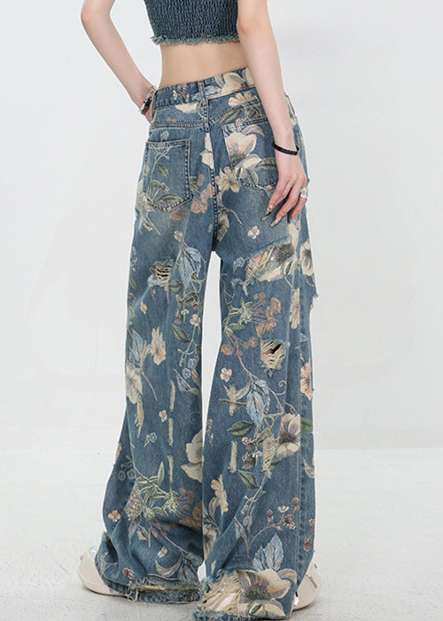 Pantalon en jean taille haute à imprimé bleu unique pour l'été UY003