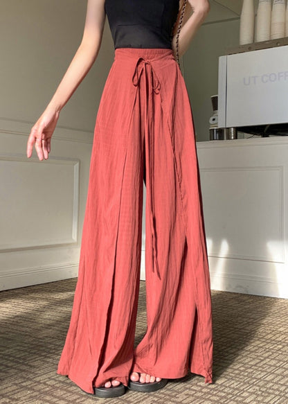 Pantalon asymétrique en lin et soie rouge brique unique à lacets Printemps YY001