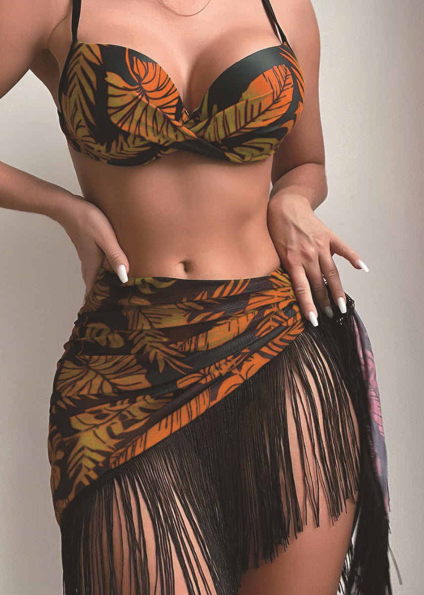 Unique Brown Print Tassel Swimwear Three Pieces Set VC059