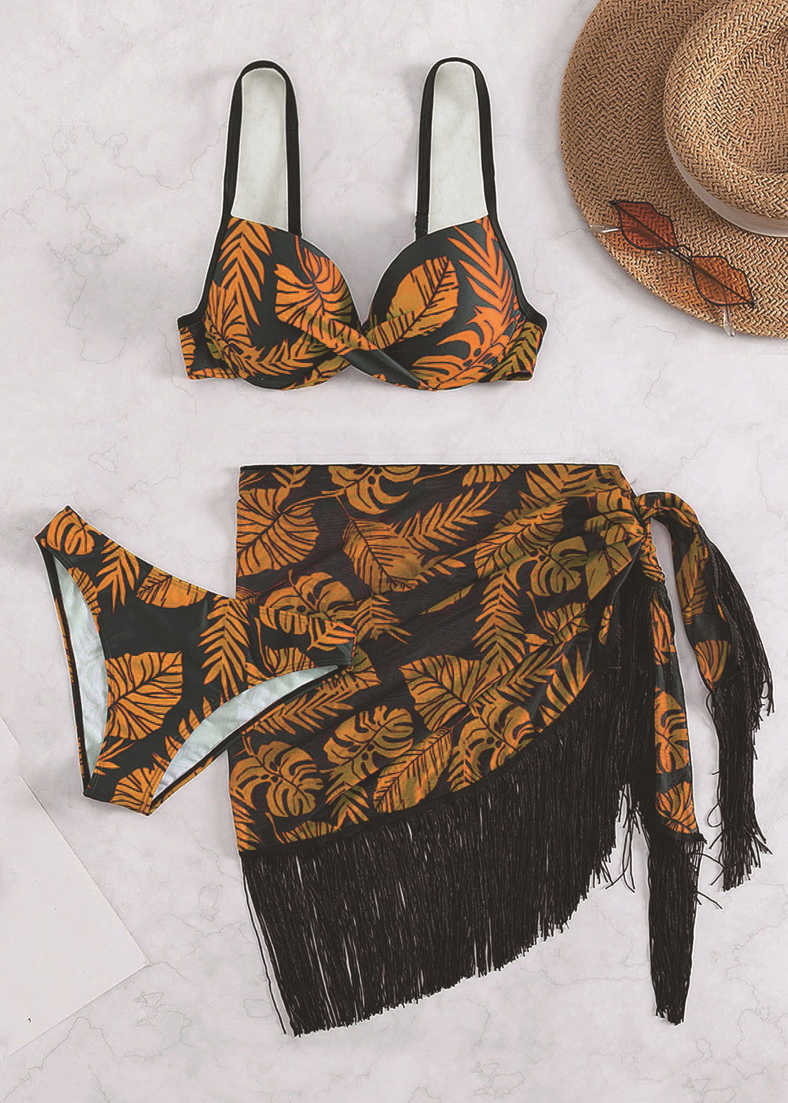 Unique Brown Print Tassel Swimwear Three Pieces Set VC059