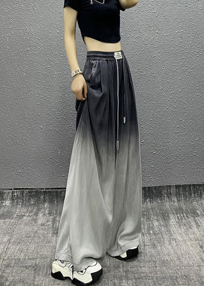 Unique Gradient Grey Pockets Drawstring Cotton Wide Leg Pants Fall RI009