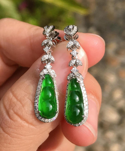 Unique Green Sterling Silver Inlaid Zircon Jade Peanut Drop Earrings AC1067