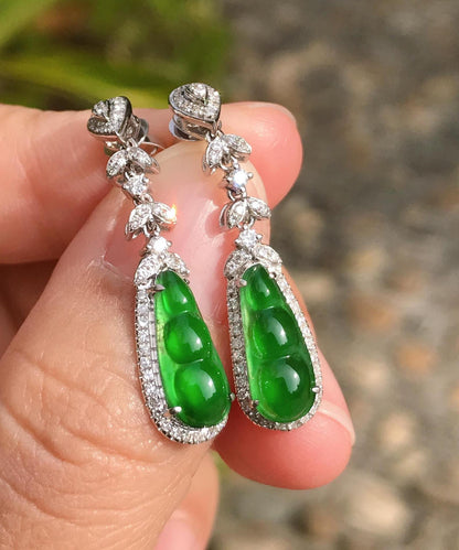 Unique Green Sterling Silver Inlaid Zircon Jade Peanut Drop Earrings AC1067