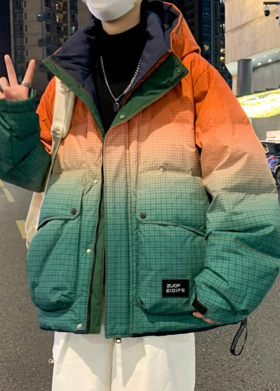 Unique Orange Gradient Color Hooded Pockets Duck Down Men Down Coats Winter RM021