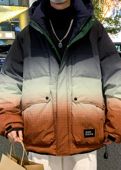 Unique Orange Gradient Color Hooded Pockets Duck Down Men Down Coats Winter RM021