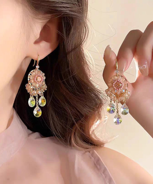 Boucles d'oreilles pendantes uniques en alliage de cuivre rose avec pampilles en cristal QZ013