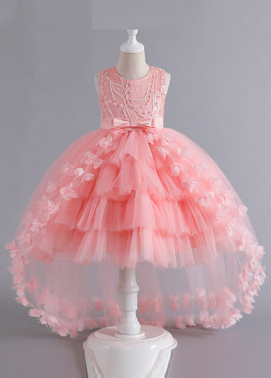 Unique Pink Floral Patchwork Tulle Kids Maxi Dresses Sleeveless YE012