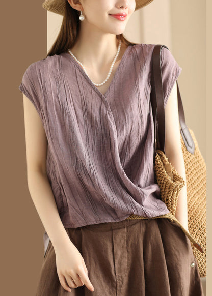 Unique Pink V Neck Wrinkled Cotton T Shirt Summer QK023