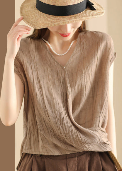 Unique Pink V Neck Wrinkled Cotton T Shirt Summer QK023