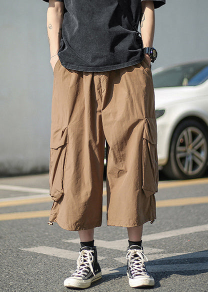 Unique White Pockets Patchwork Elastic Waist Men Wide Leg Pants YT013