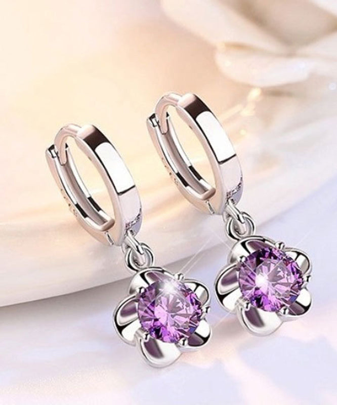 Boucles d'oreilles créoles florales uniques en argent sterling blanc avec zircons surdorés QJ020