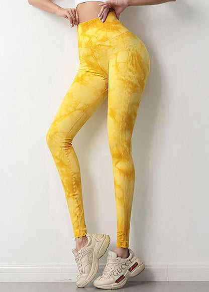 Unique Yellow Tie Dye Butt Scrunch Nylon Capri Gym Shark Leggings TD003