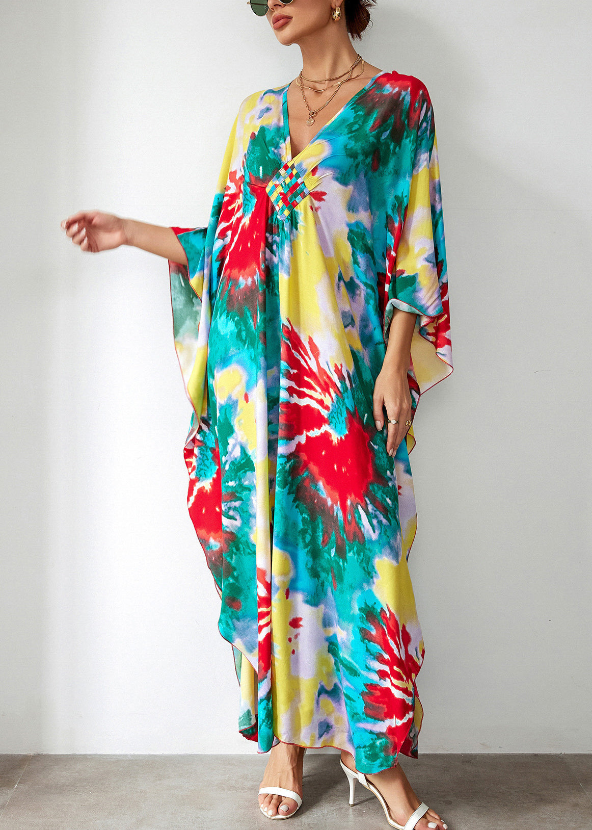 Vacation Style Blue Cotton Printed Beach Robe Dress Summer VC071