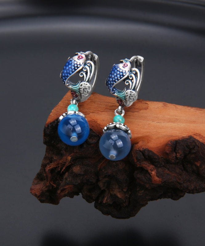 Vintage Blue Sterling Silver Cloisonne A Fish Leaping Over The Dragon Gate Drop Earrings QQ035