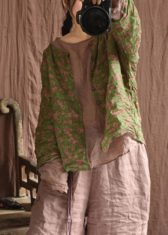 Vintage Green Button Print Linen Blouse Long Sleeve AU1059