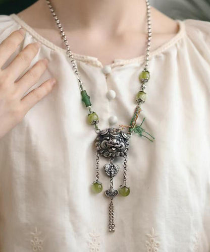 Collier Lariat à pampilles en argent sterling et jade vert vintage QJ051