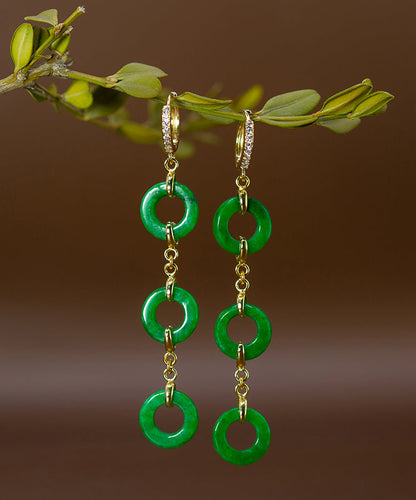 Vintage Green Sterling Silver Overgild Jade Circle Drop Earrings AC1063