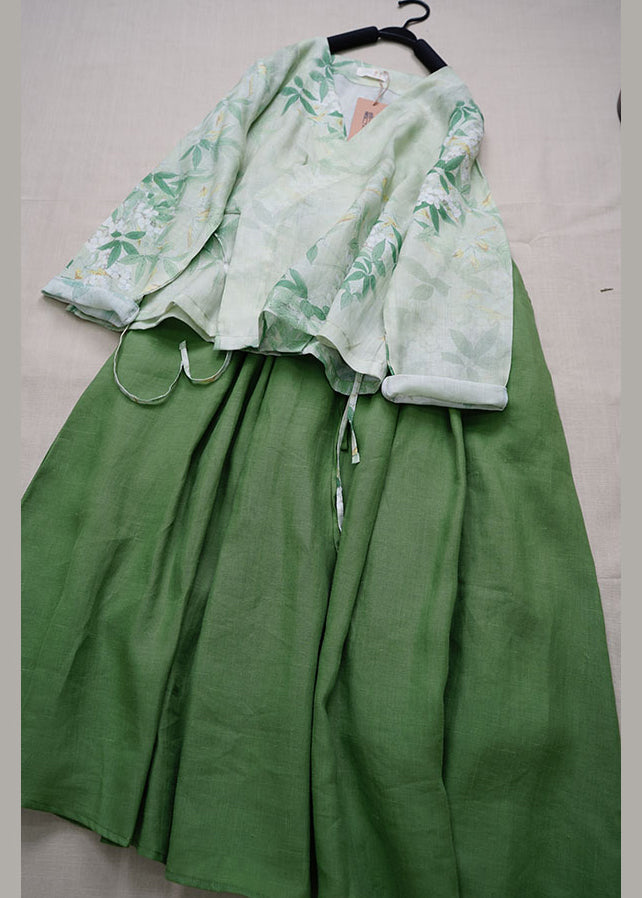 Vintage Green V Neck Print Lace Up Linen Two Pieces Set Summer BV040