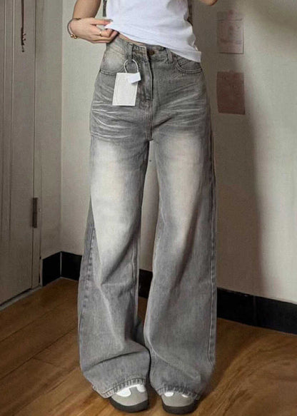 Vintage Grey Pockets High Waist Denim Wide Leg Pants Fall QF045