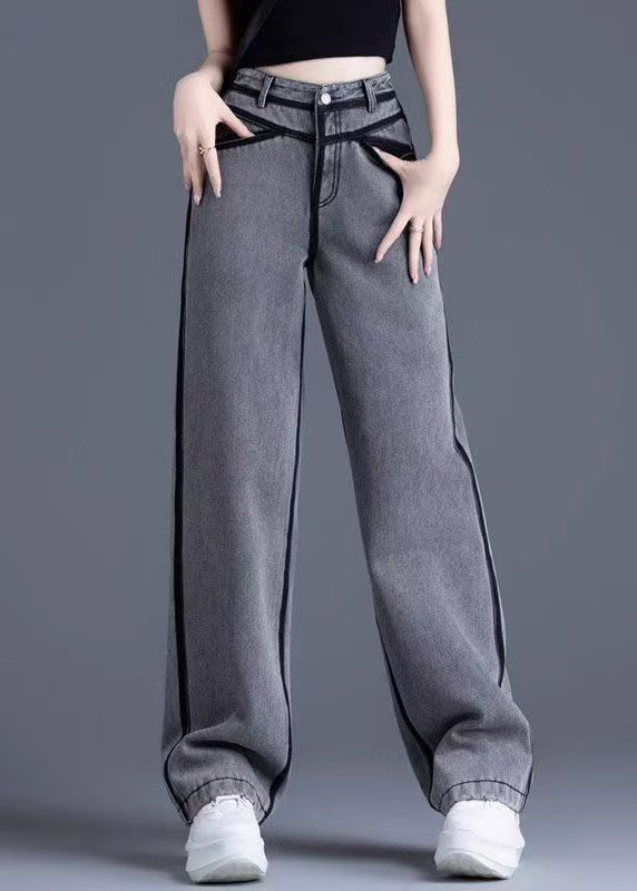 Vintage Grey Pockets High Waist Warm Fleece Pants Spring YW050