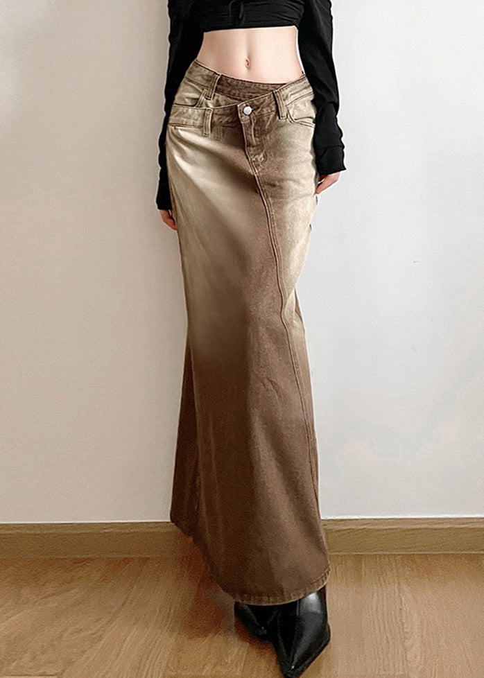 Vintage Light Brown Asymmetrical Side Open Denim Skirt Fall PP002