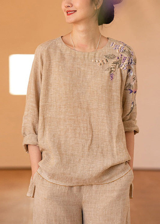 Vintage O-Neck Embroidered Linen Shirt Top Long Sleeve LK008