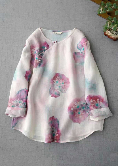 Vintage Pink O Neck Print Chinese Button Linen Blouse Top Fall QK004