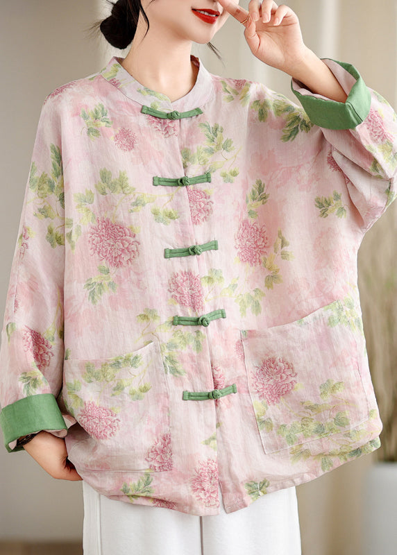 Vintage Pink Print Pockets Chinese Button Linen Blouse Top Spring TJ034