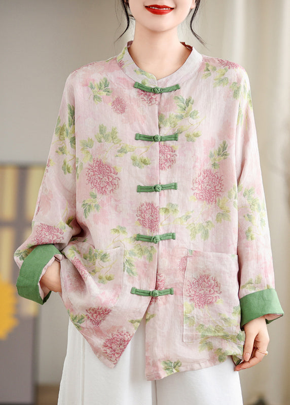 Vintage Pink Print Pockets Chinese Button Linen Blouse Top Spring TJ034