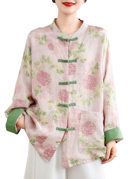 Vintage Pink Print Pockets Chinese Button Linen Blouse Top Spring TJ034