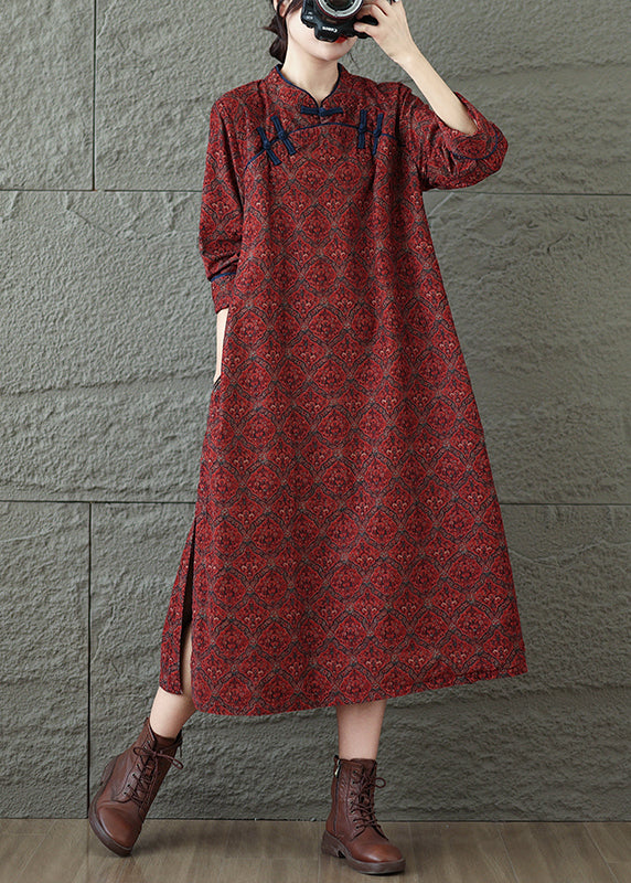 Vintage Red Stand Collar Print Oriental Button Cotton Dress Fall RU039